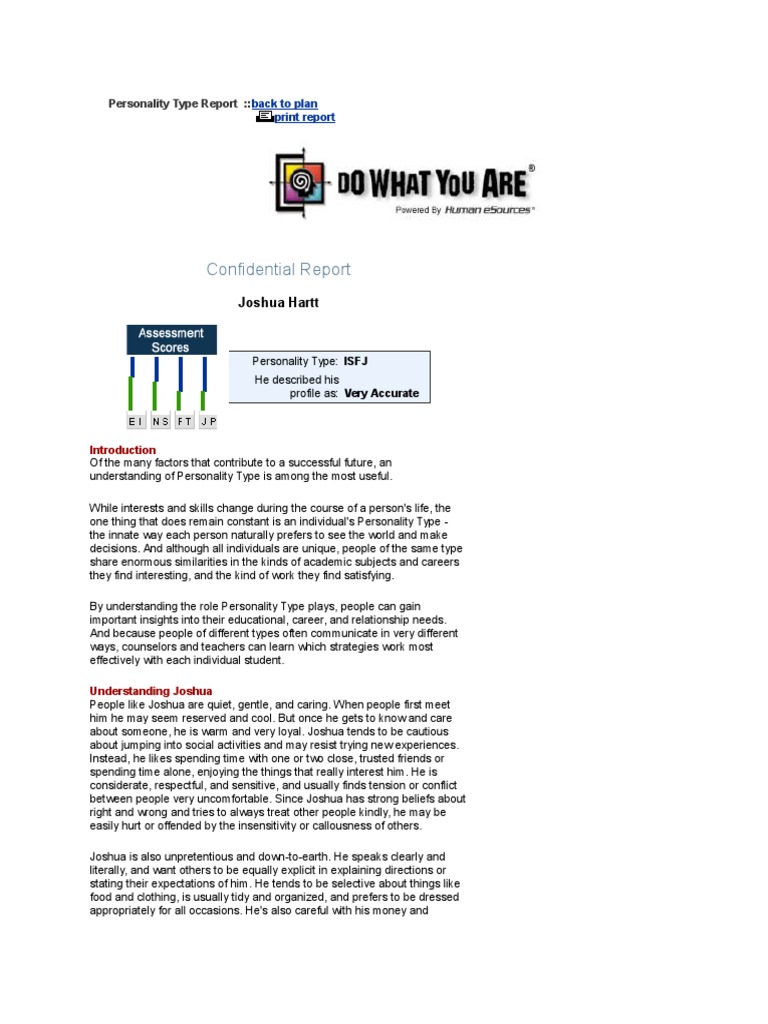 JH Personality Report | PDF | Dietitian | Physical Therapy