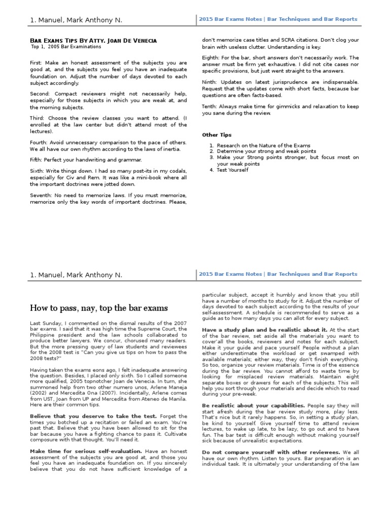 Tips from Joan de Venecia for Bar Examinees | PDF | Test (Assessment ...