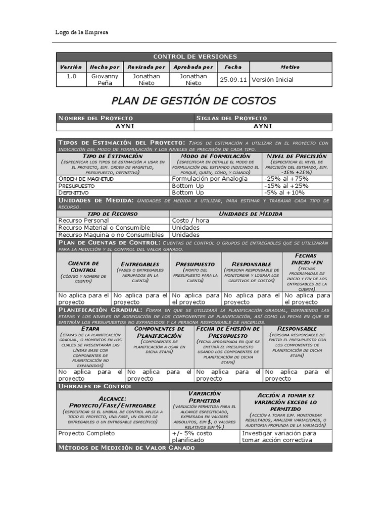 Plan de Gestión de Costos del Proyecto | PDF | Presupuesto | Gestión de ...