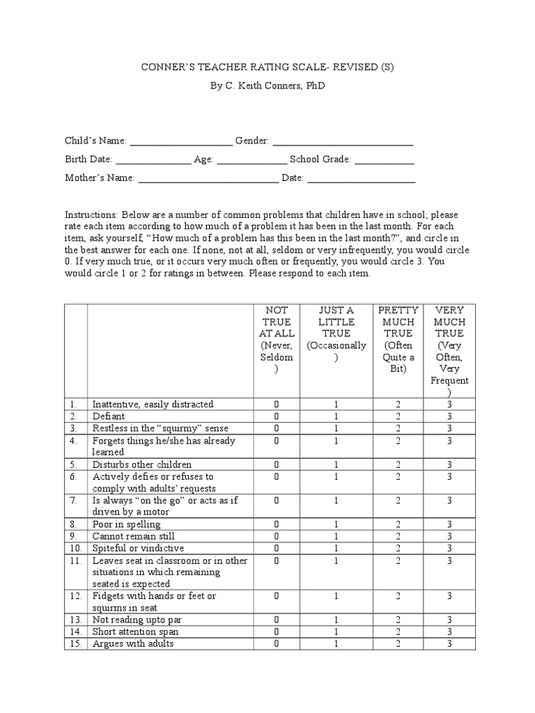 Free Printable Conners Rating Scale For Teachers