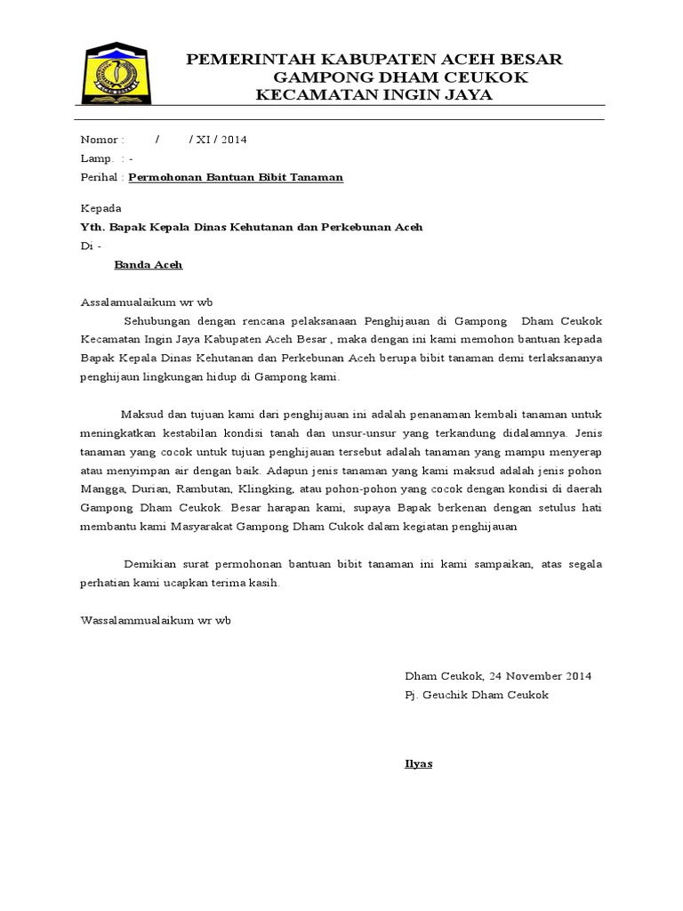 Surat Permohonan Bibit Ke Dinas Kehutanan Guru Paud