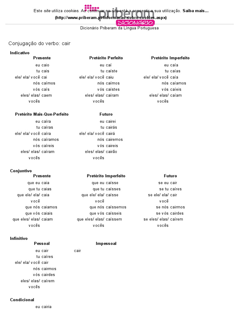 Conjugação Do Verbo Cair | Download grátis PDF | Morfologia linguística ...
