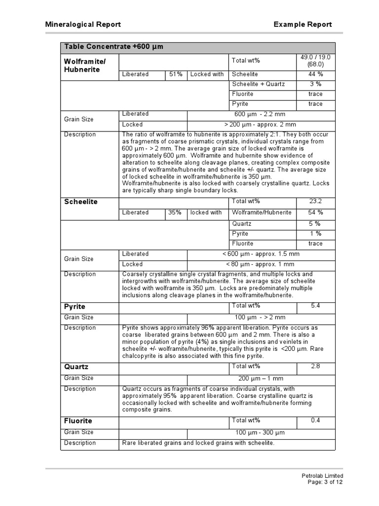 Mineralogical Report Example Report Table Concentrate +600 M Wolframite ...