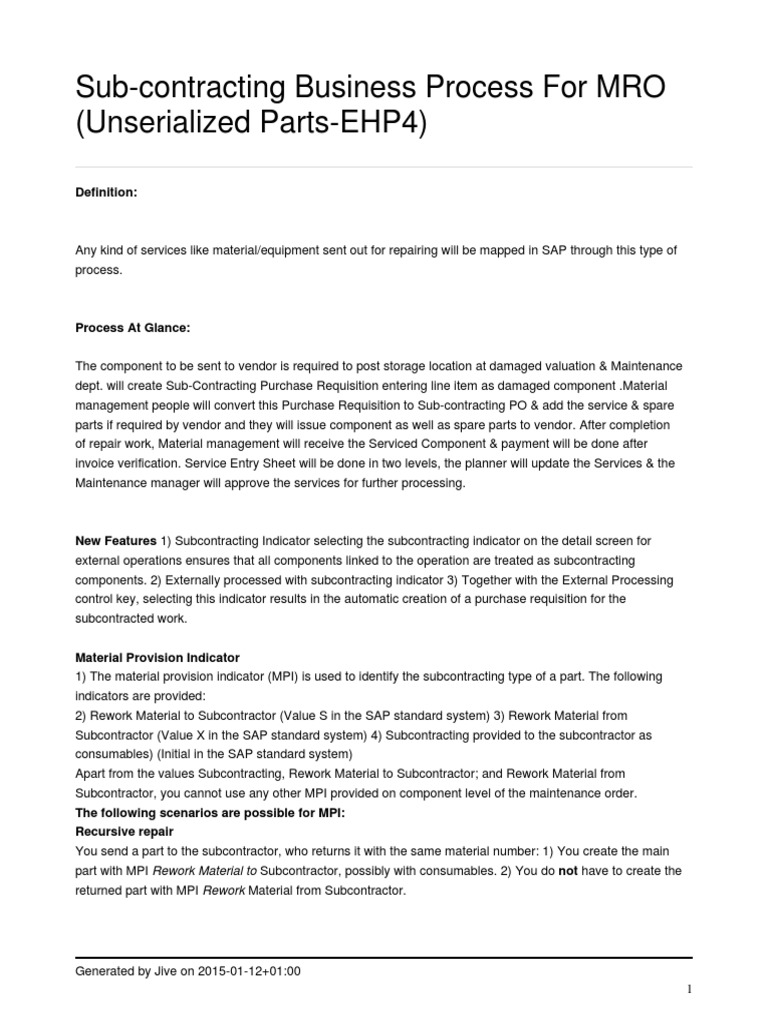 Sub-Contracting Business Process For MRO (Unserialized Parts-EHP4) | PDF