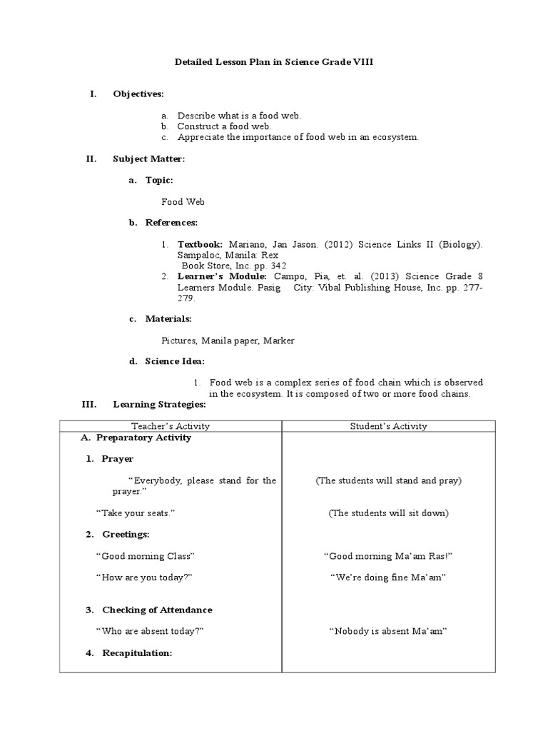 Grade 8 Food Web Lesson Plan | PDF | Food Web | Lesson Plan