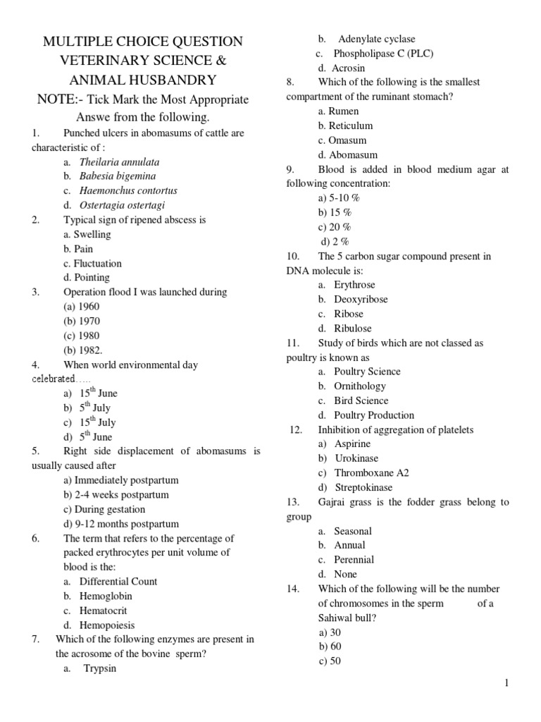 Veterinary Science & Animal Husbandry Question Bank Blot (Biology