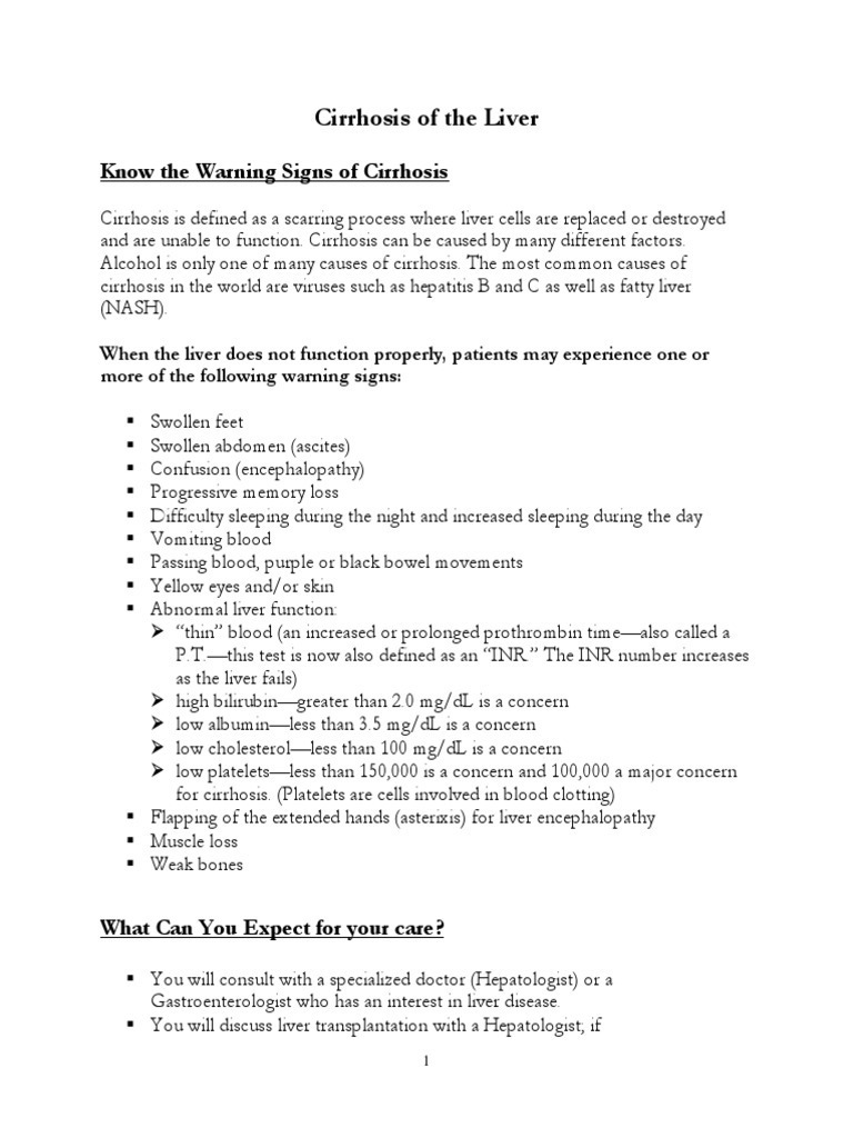 Cirrhosis of the Liver Handout and Information Sheet Cirrhosis