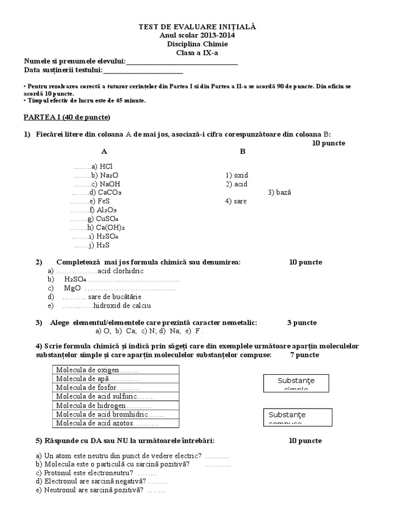 Test de Evaluare Initiala Chimie Ix | PDF