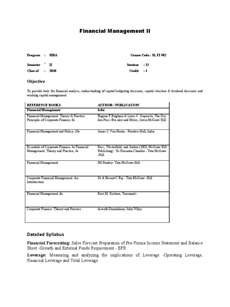 Financial Management II Syllabus | PDF | Capital Structure | Inventory