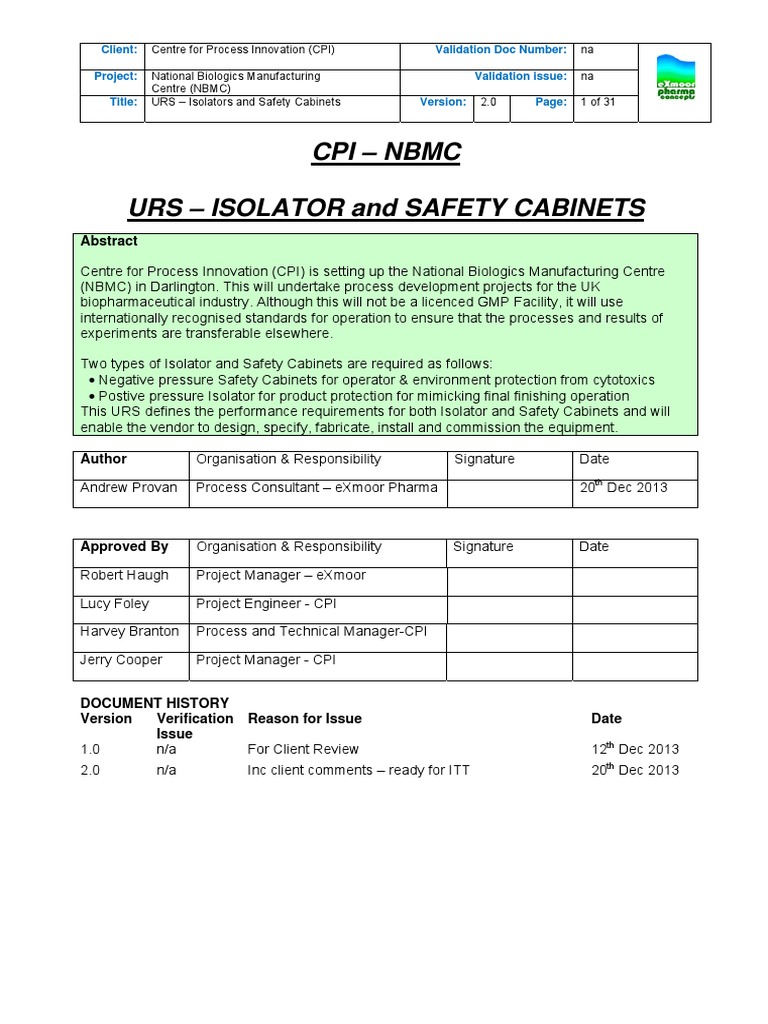 Appendix 1 URS For Isolator and Safety Cabinets | PDF | Verification ...