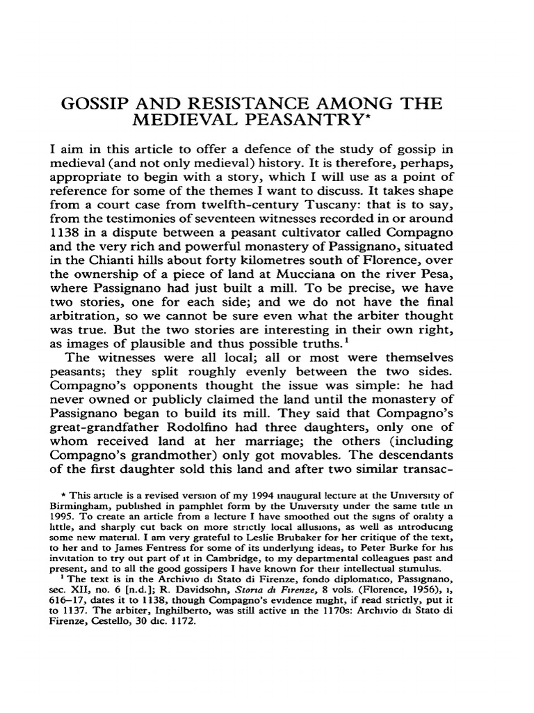 Gossip and Resistance Among The Medieval Peasantry PDF Anthropology