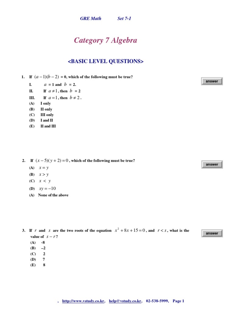 GRE Math Set 7-1 Solutions | PDF | Commodity | Integer