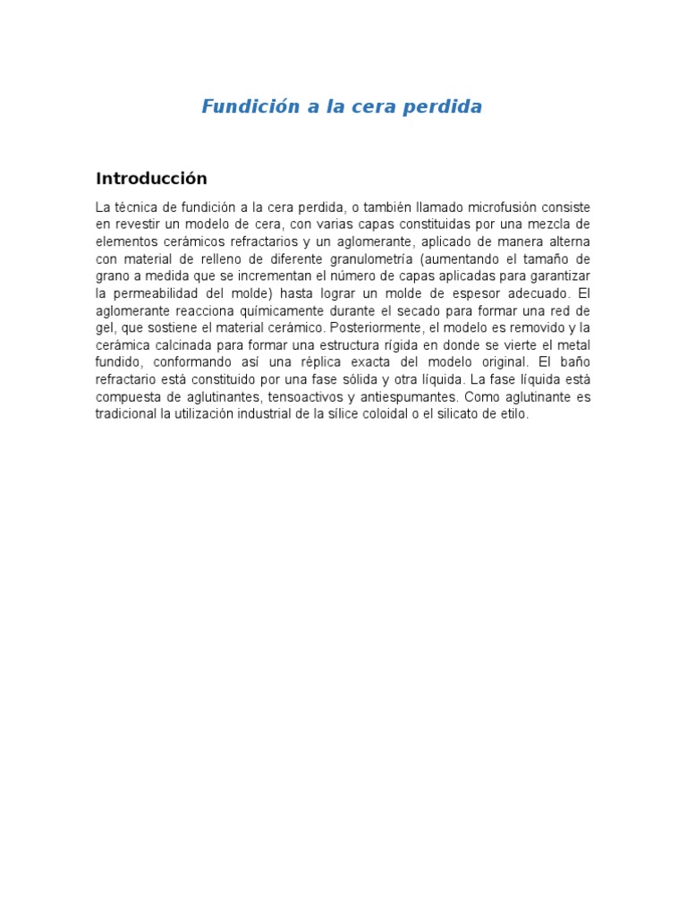 Fundición A La Cera Perdida PDF Cera Fundición (metalurgia)