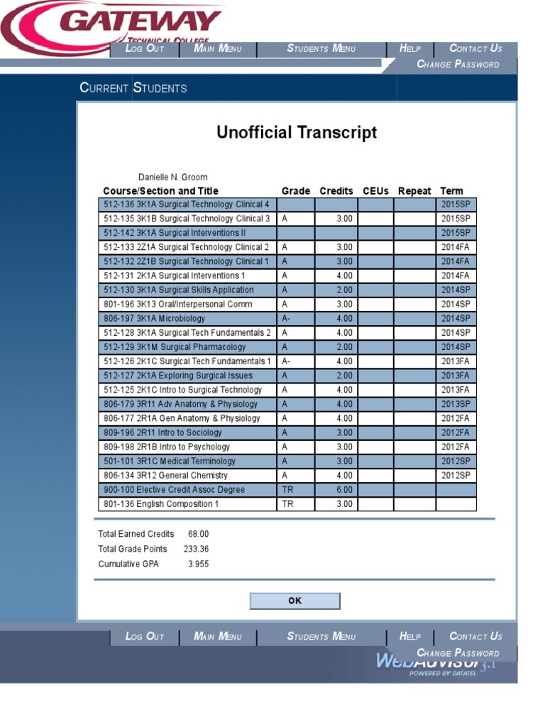Danielle Groom Unofficial Transcript | PDF | Technology & Engineering