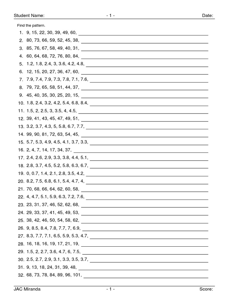 Number Patterns and Sequences Worksheet | PDF | Games & Activities ...
