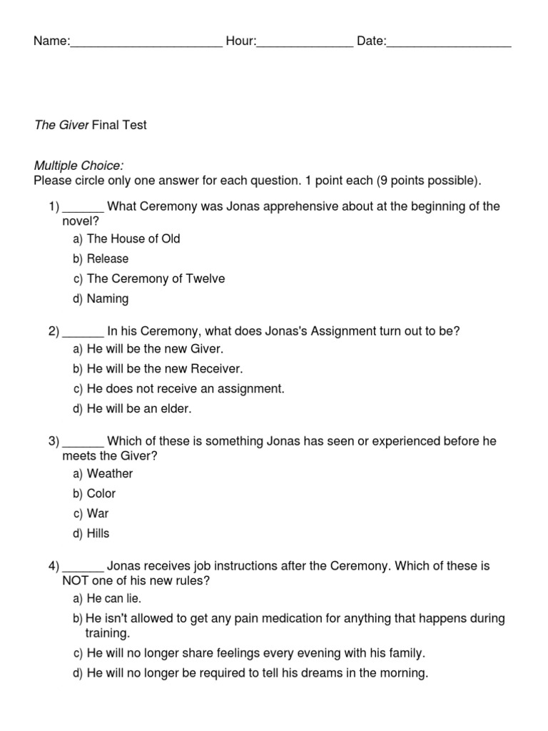 The Giver Final Test (Final) | PDF | The Giver