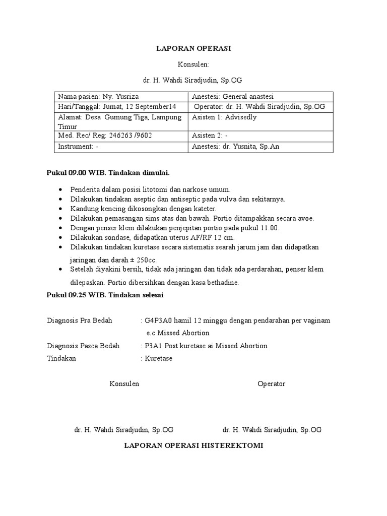 Laporan Operasi Histerektomi