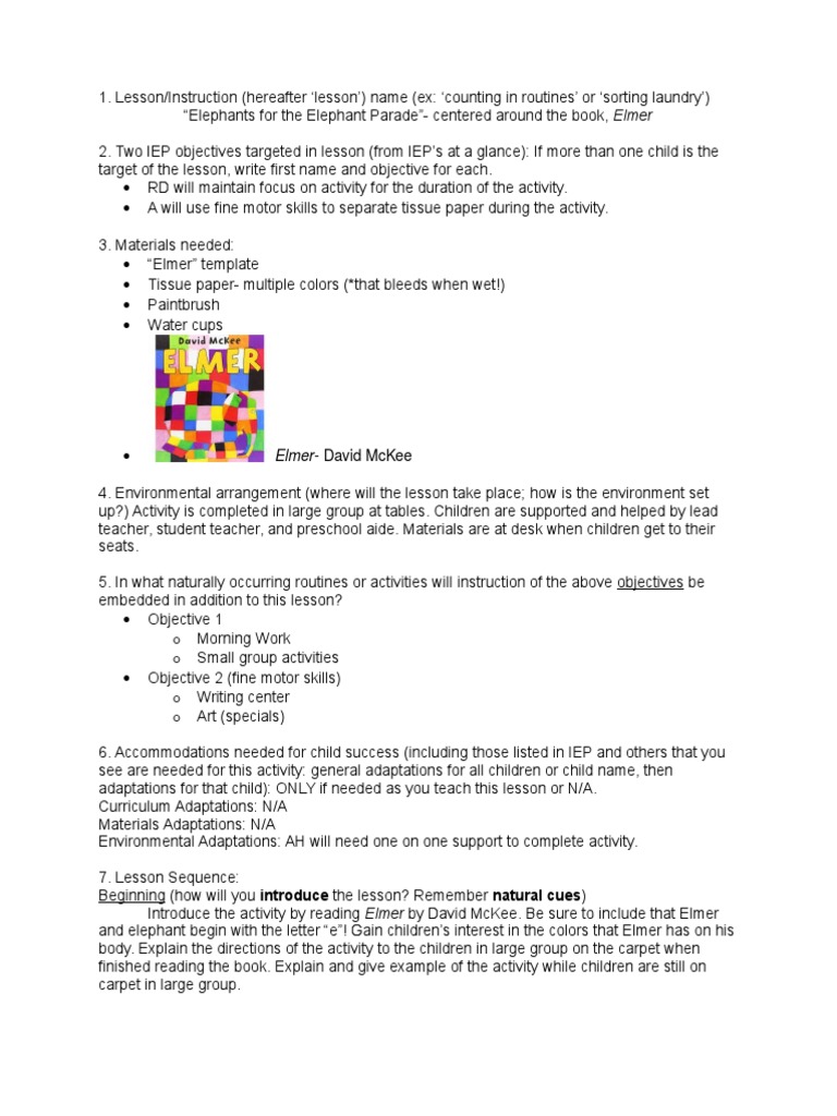 Lesson Plan 6 Elephants Elmer Individualized Education Program Cognitive Science