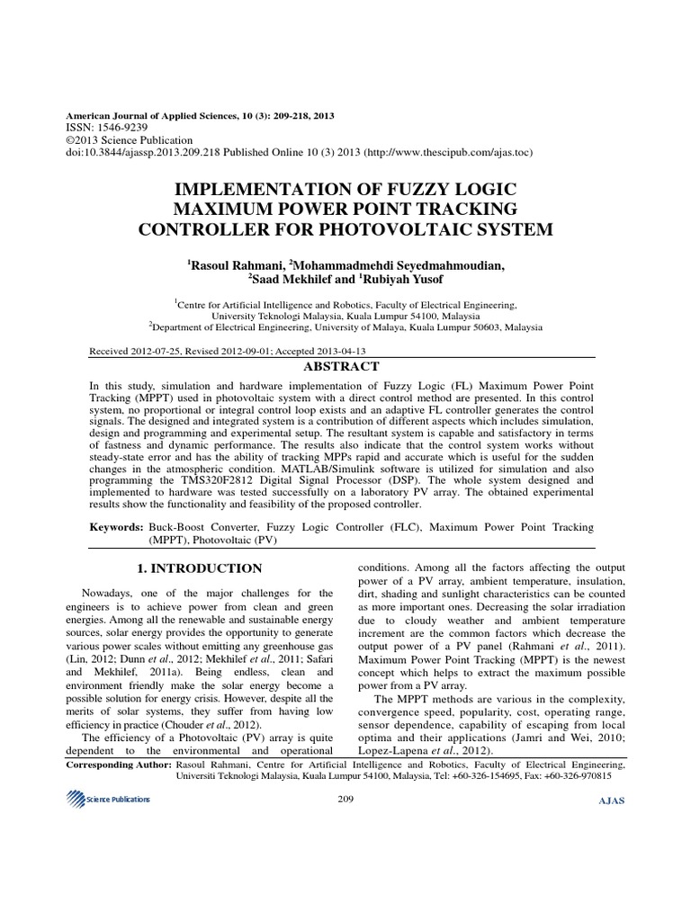 Implementation of Fuzzy Logic Maximum Power Point Tracking Controller ...