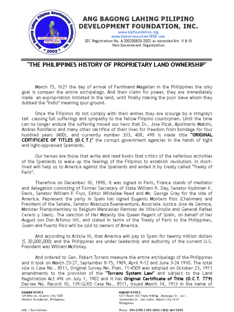 The Philippines History of Proprietary Land Ownership (English Version