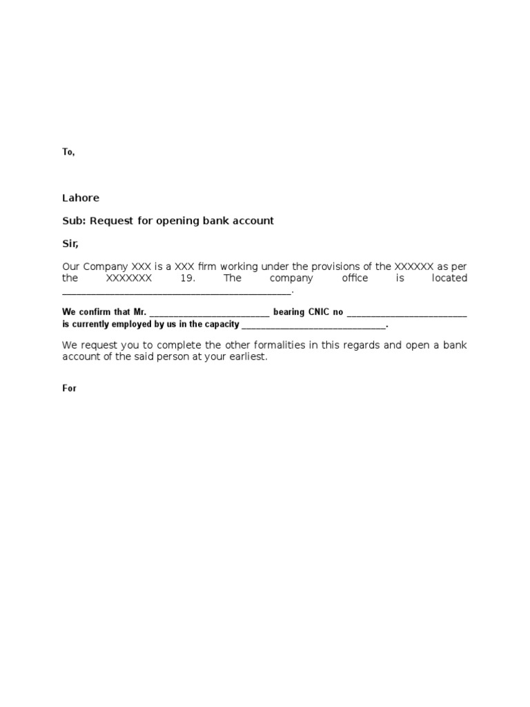 Bank Opening Account Letter