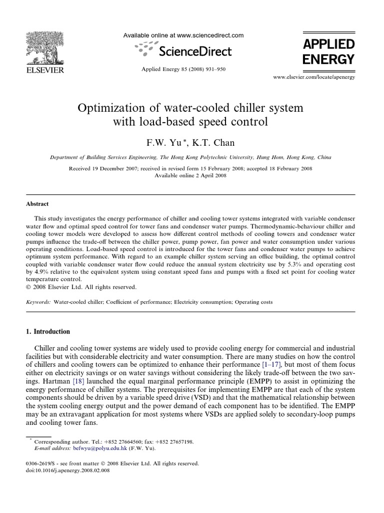 Optimization of WaterCooled Chiller System With LoadBased Speed