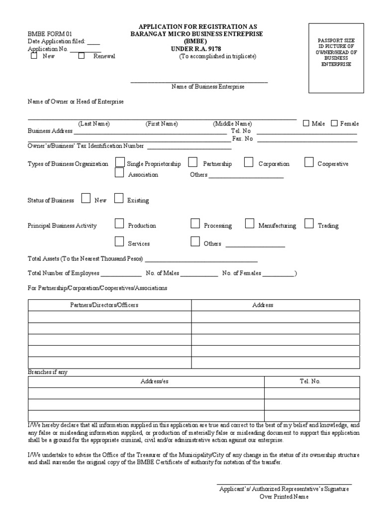 Barangay Micro Business Enterprise Form PDF