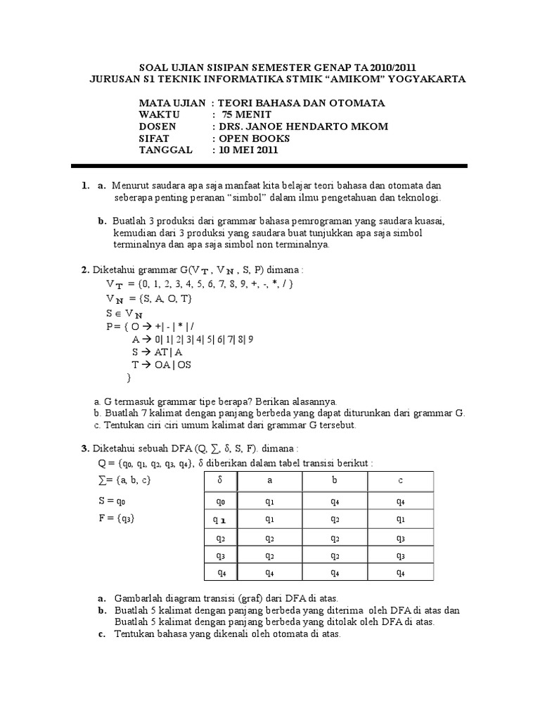 Soal Ujian Teori Bahasa Dan Otomata