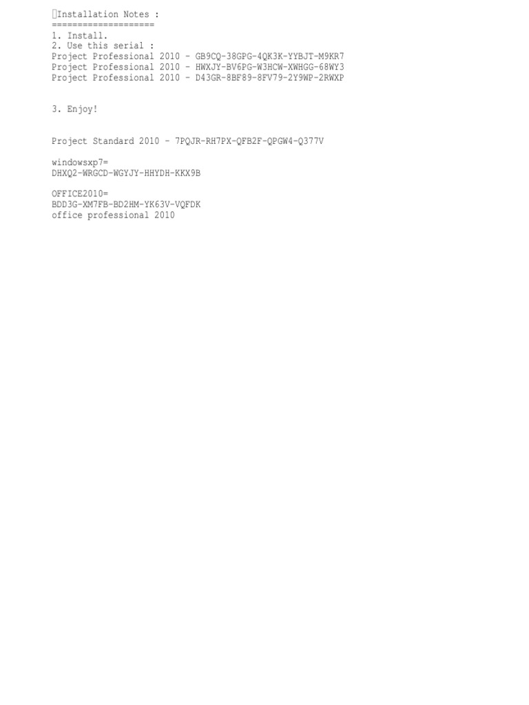 Project 2010 Installation Keys | PDF | Business