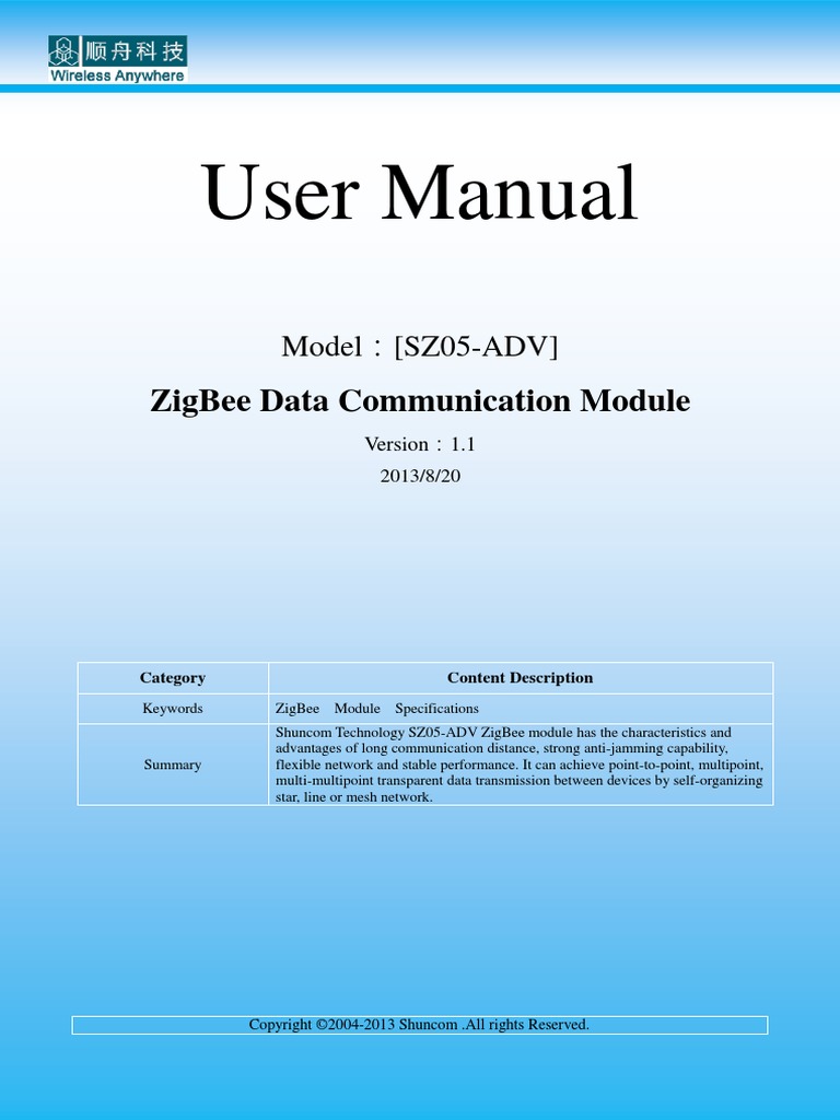 User Manual For ZigBee Module (SZ05-ADV) V1.1 | PDF | Computer Network ...
