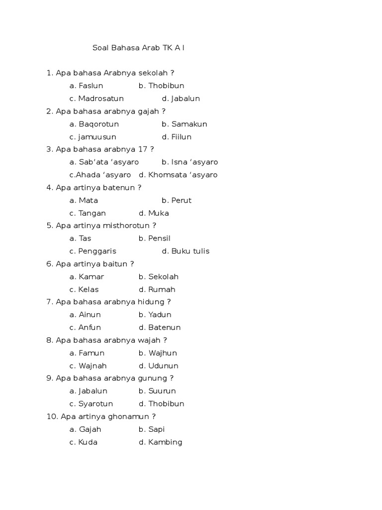 Soal Bahasa Arab TK a I