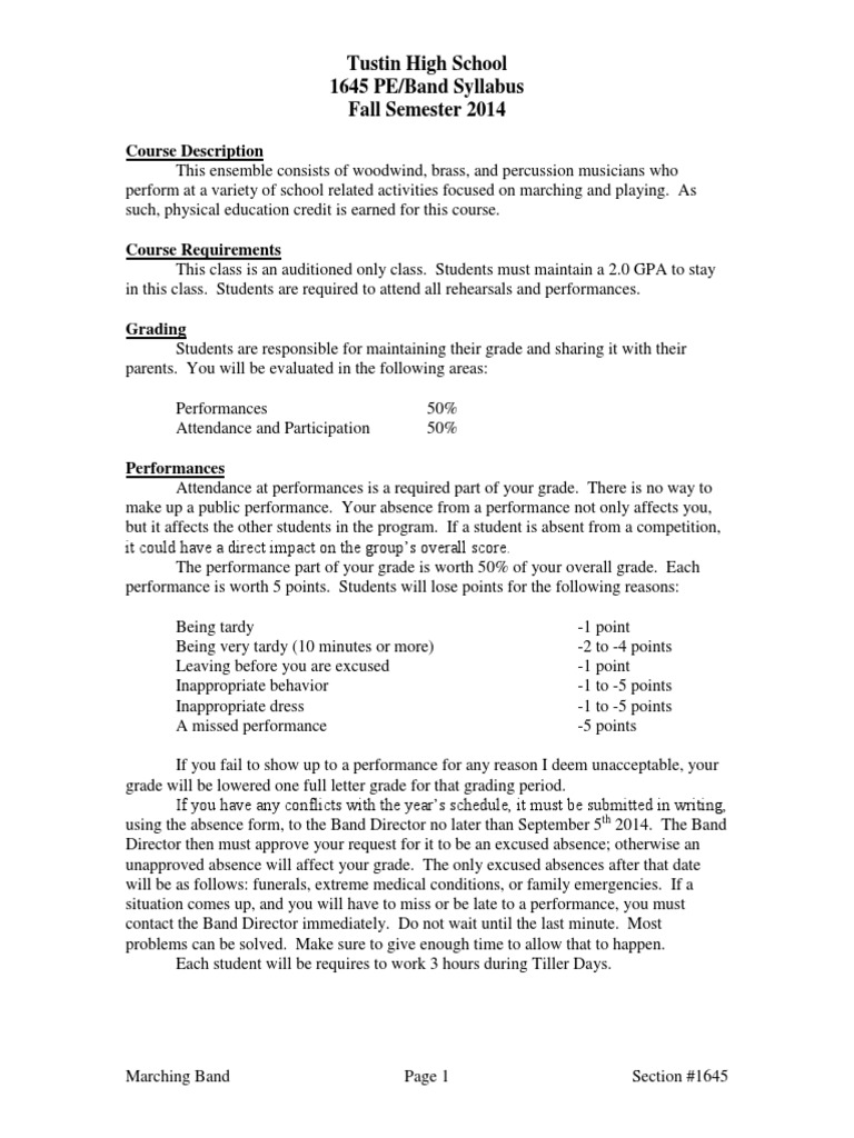 Marching Band Syllabus State School Grading (Education)