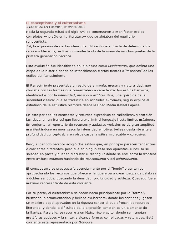 El Conceptismo Y El Culteranismo Pdf Barroco Renacimiento