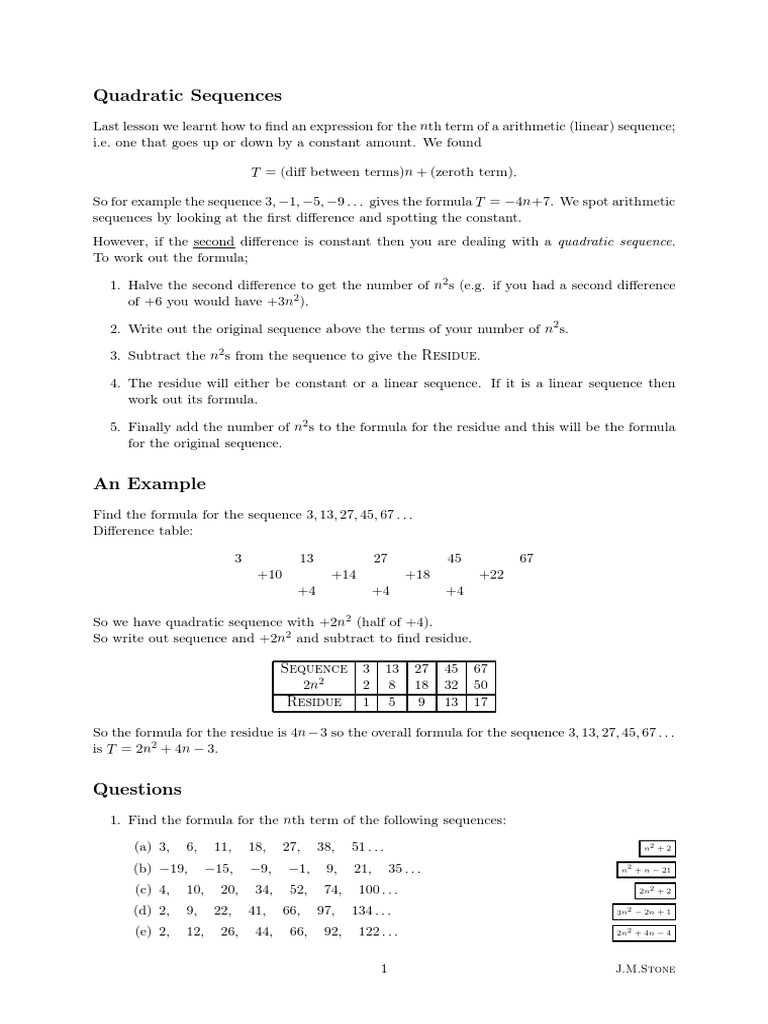 5th Quadratic Sequences Worksheet | PDF