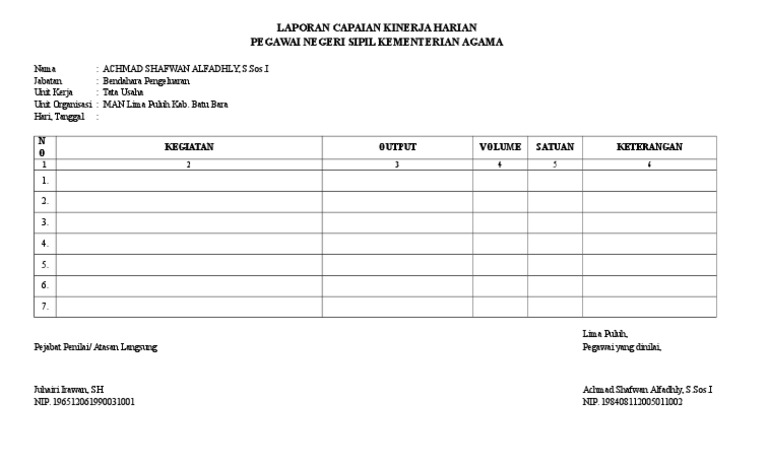 Contoh Format Laporan Kerja Harian Pns