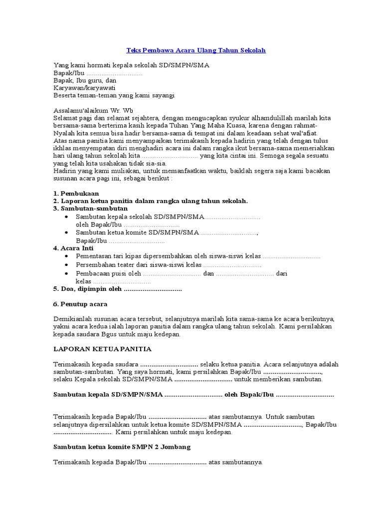 Teks Pembawa Acara Ulang Tahun Sekolah
