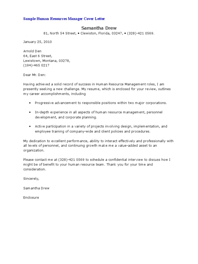 Sample Human Resources Manager Cover Letter PDF Human Resource