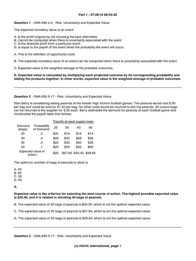 Risk Uncertainty and Expected Value | PDF | Expected Value | Uncertainty