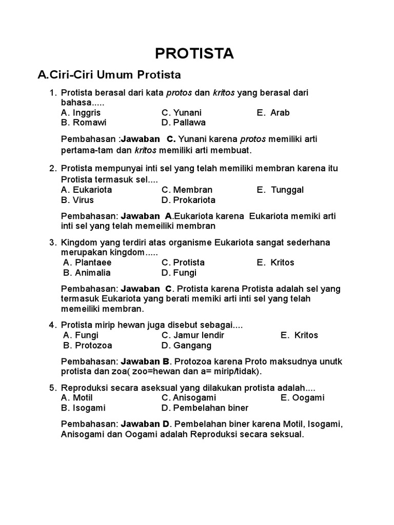 12+ 20 soal protista beserta jawabannya info