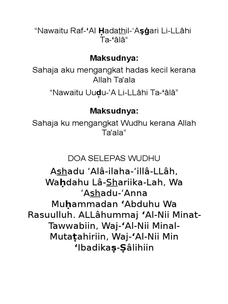 Doa Niat Wudhu Dan Selepas Wudhu