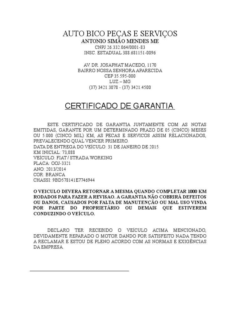 Certificado de Garantia de Serviço Mecânico | PDF