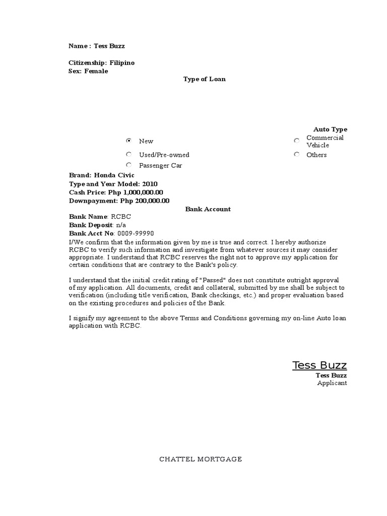 Car Loan Agreement With Chattel Mortgage | PDF | Mortgage Law 