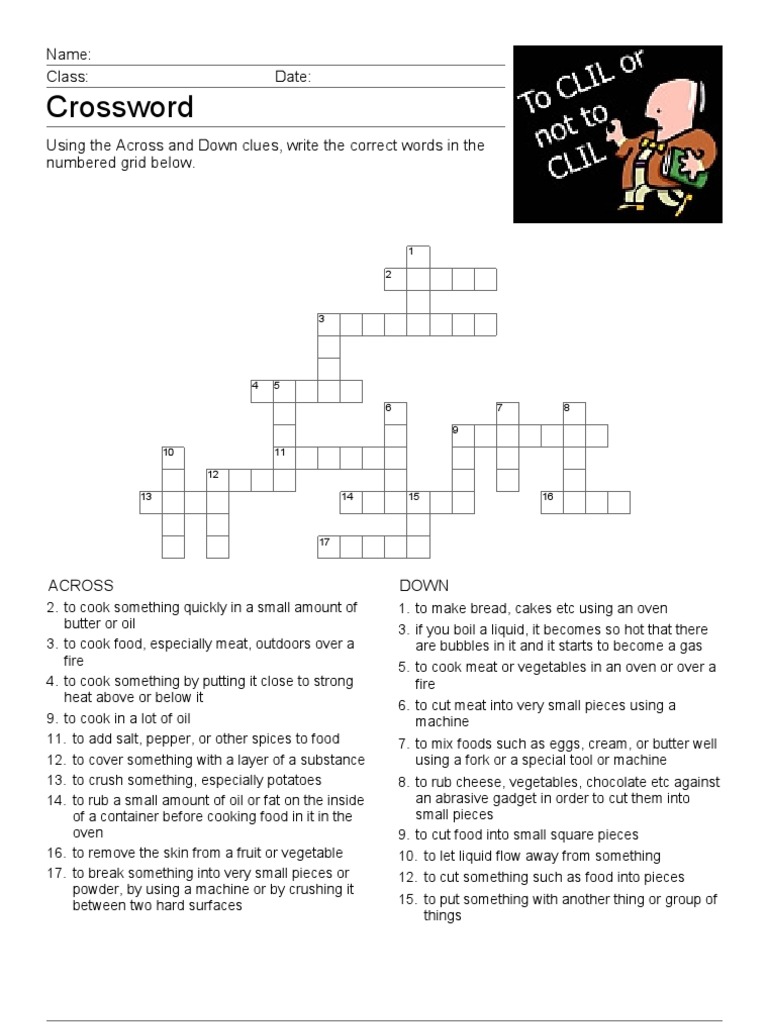 Cooking Verbs Crossword PDF Cooking Oven
