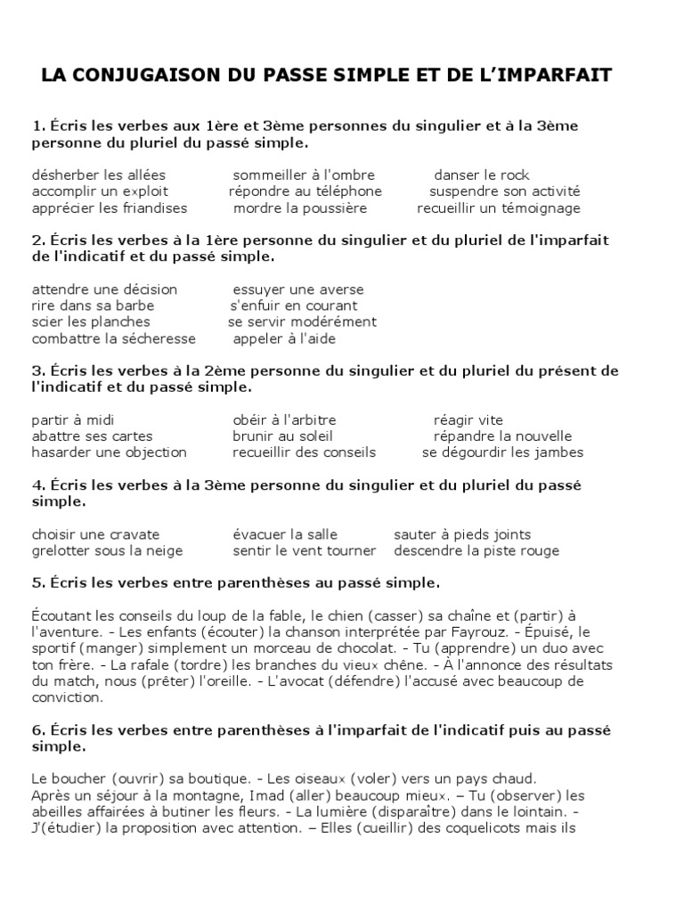 Dictée 4ème Imparfait Passé Simple 6° Conjugaison Imparfait-Passé Simple | PDF | Verbe