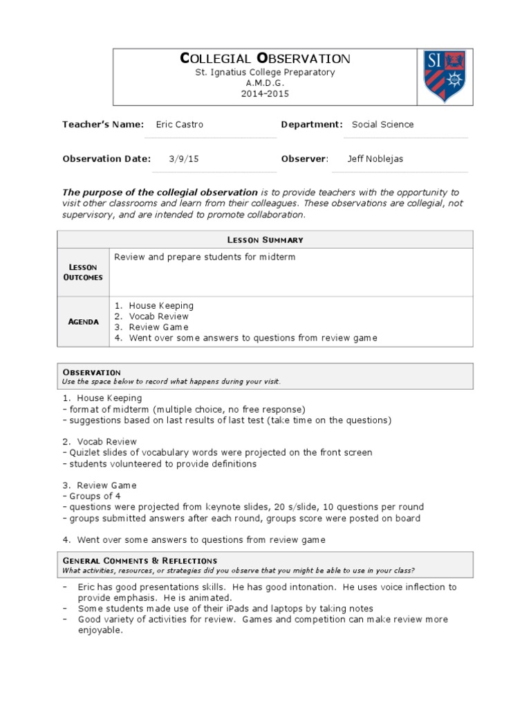 Collegial Classroom Observation Report | PDF | Social Science