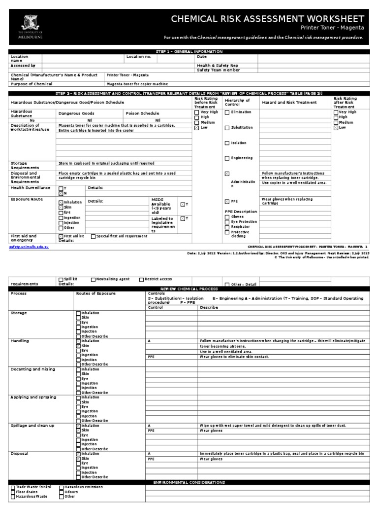 Chemical Risk Assessment Worksheet: Printer Toner - Magenta | PDF