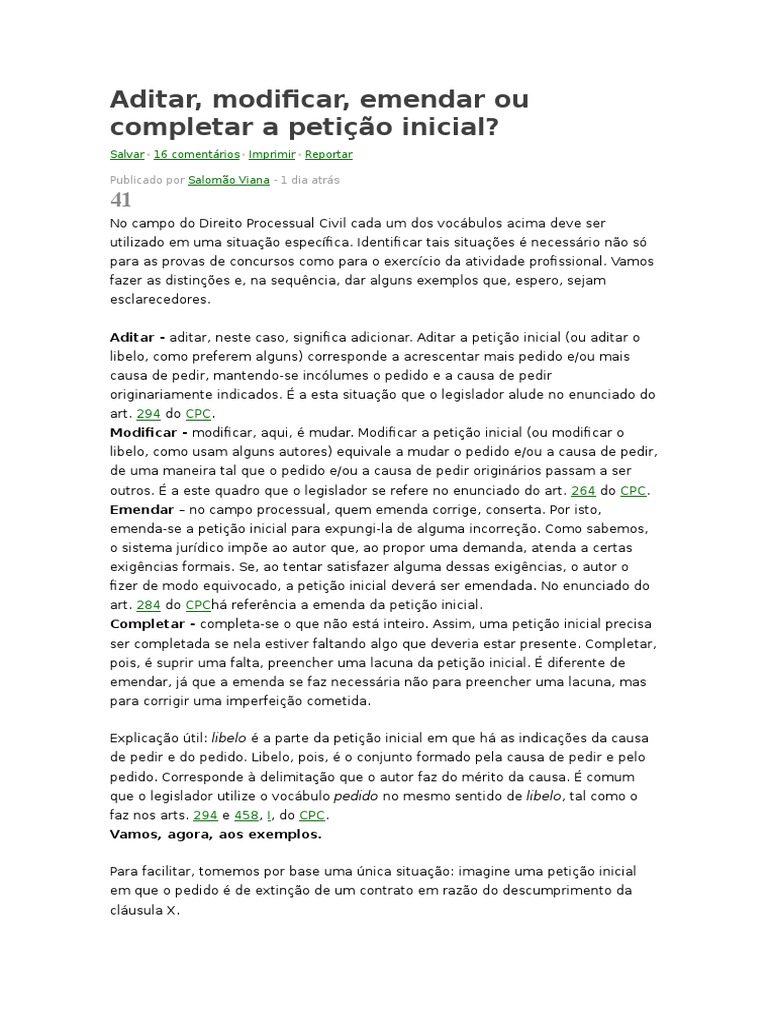 Aditar, Modificar, Emendar Ou Complementar A INICIAL | Download grátis ...