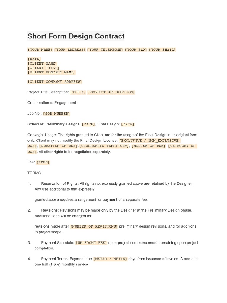 Short Form Design Contract Template | PDF | Fee | Indemnity