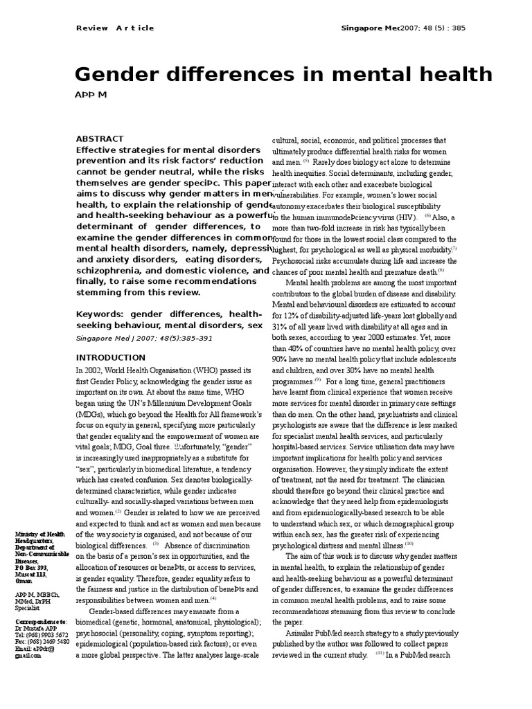 Gender Differences in Mental Health | PDF | Anxiety Disorder | Mental ...