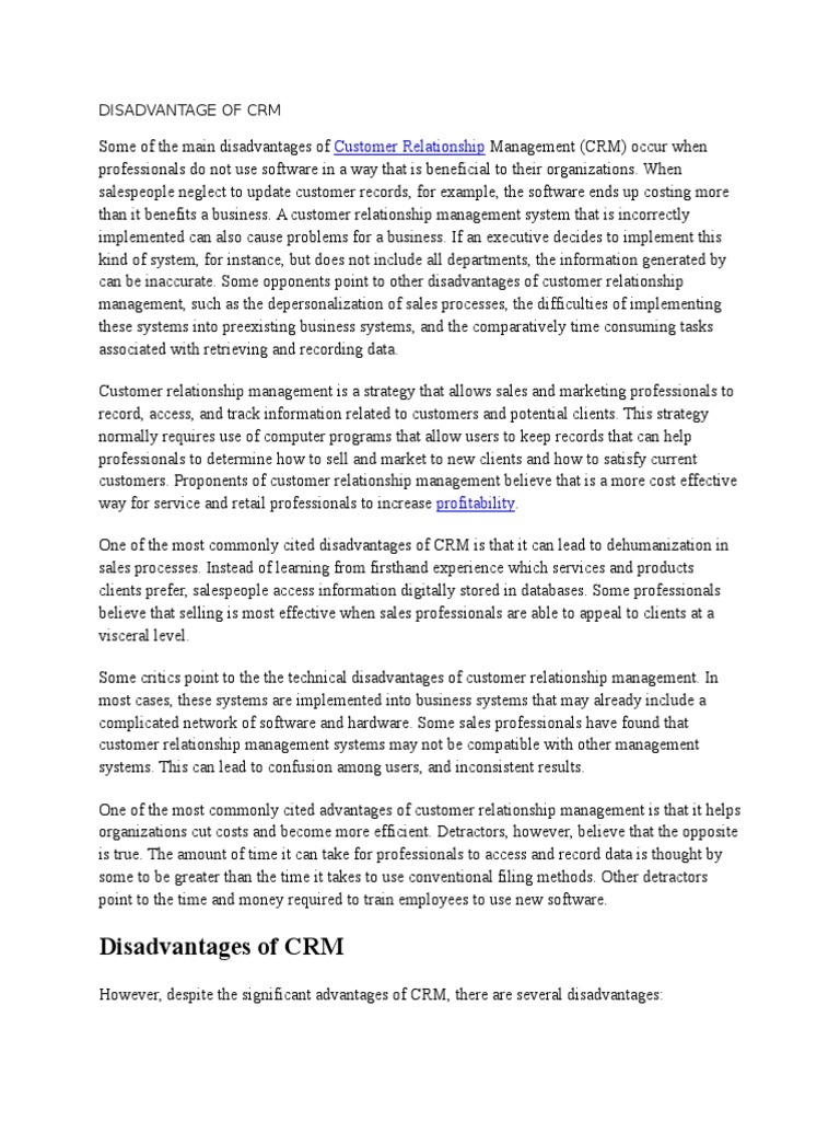 Disadvantages of CRM Customer Relationship PDF Customer